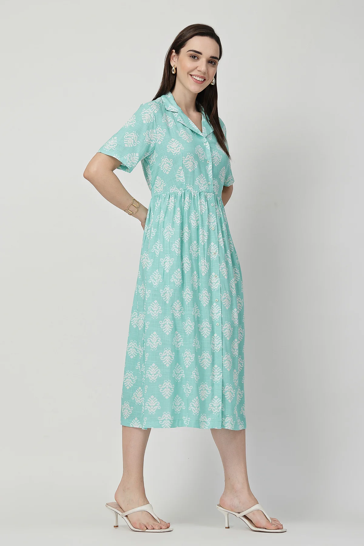 Zipless Feeding Shirt Dress with White Leafy Print - Mint Green - Image 6