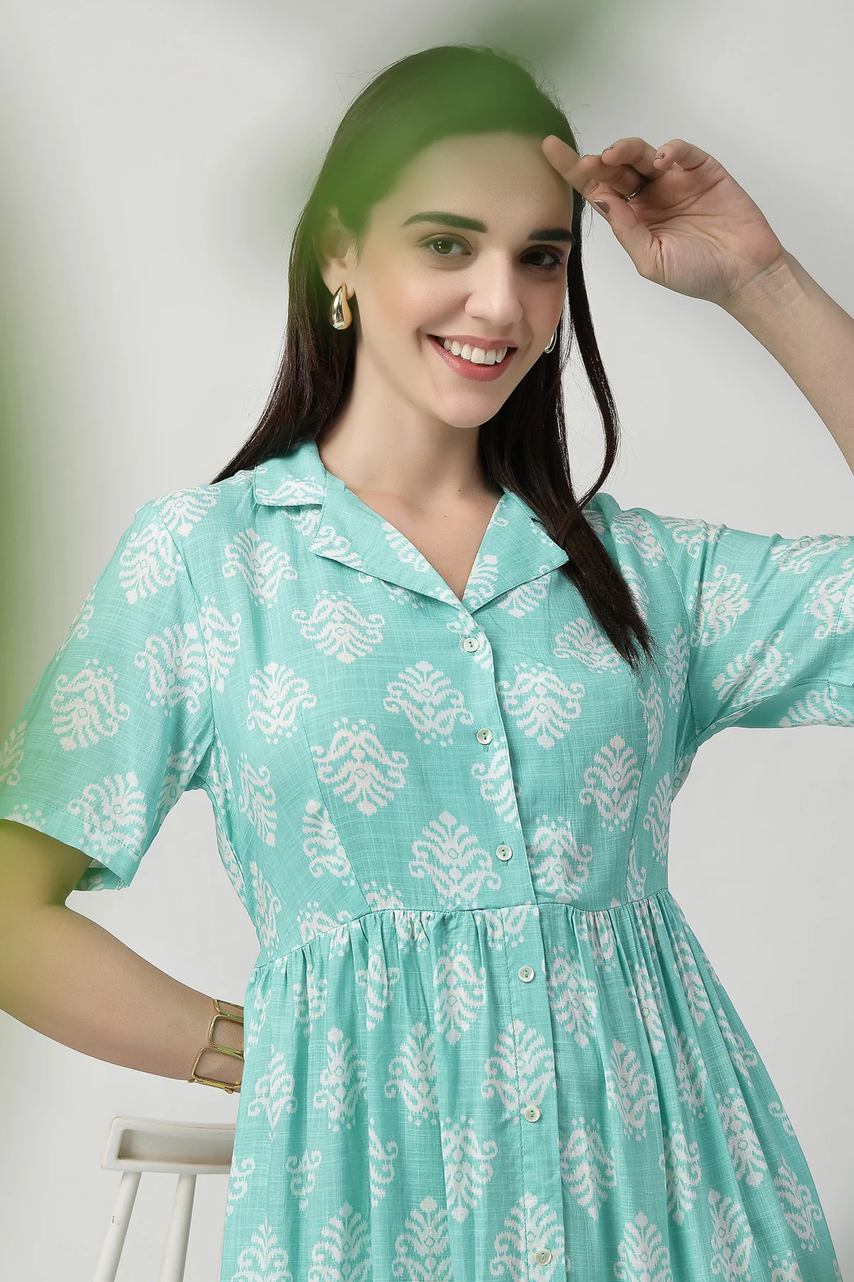 Zipless Feeding Shirt Dress with White Leafy Print - Mint Green - Image 7