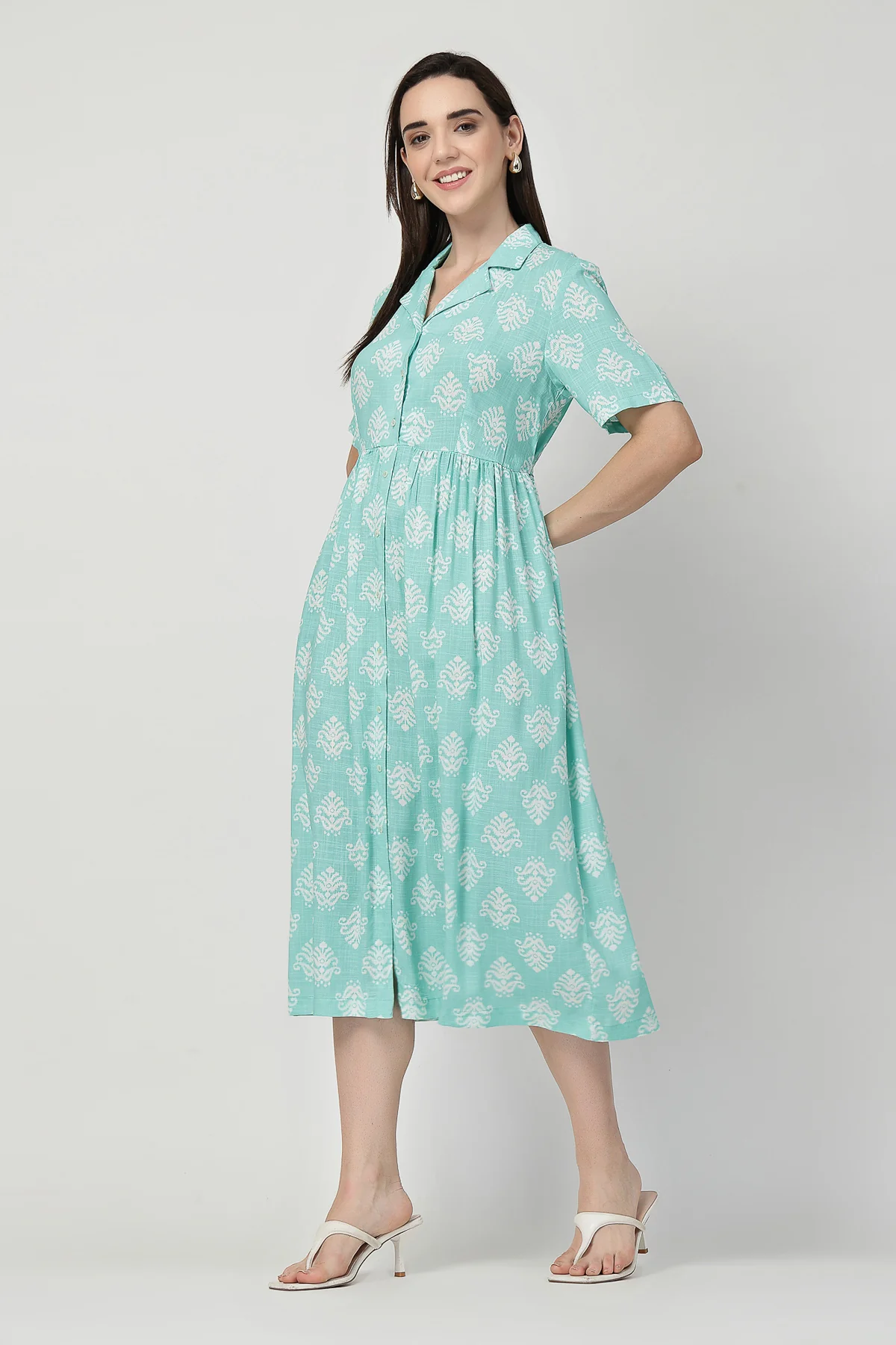 Zipless Feeding Shirt Dress with White Leafy Print - Mint Green - Image 8